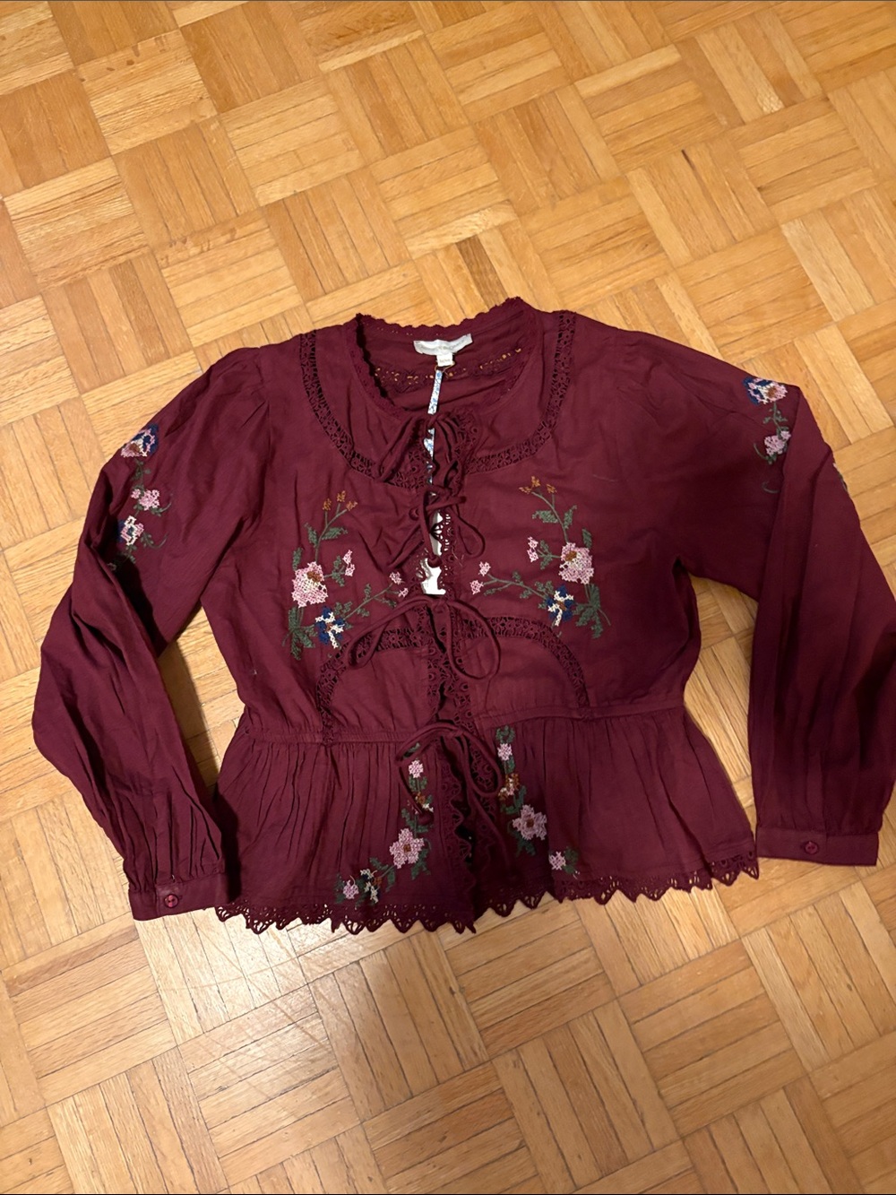 Jennifer & Grace Embroidered Peplum Tie-Front Blouse - Burgundy